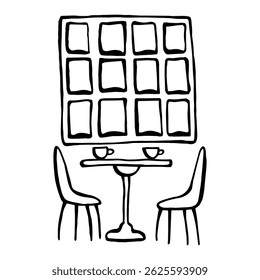 Coffee house vector collections. Line art illustration with table in a restaurant or cafe, chairs, near the window, cups on the table. Сoffee-themed composition in the ink style