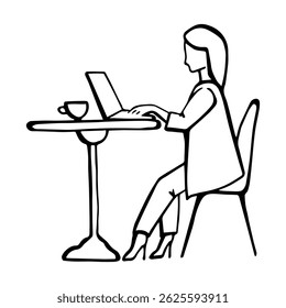 Vektor-Kollektionen für Kaffeehäuser. Line Art Illustration mit Frau am Tisch arbeitet an einem Laptop und trinkt Kaffee. С im Tintenstil