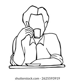 Coffee house vector collections. Line art illustration with men at the table is drinking coffee. Сoffee-themed composition in the ink style