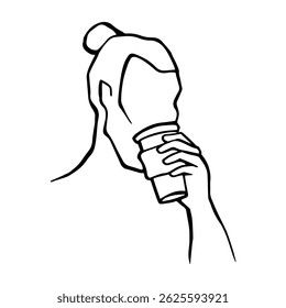 Coffee house vector collections. Line art illustration with hipster guy with ponytail drinks coffee from a cup. Сoffee-themed composition in the ink style