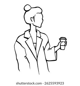 Coffee house vector collections. Line art illustration with girl in a coat holds a paper cup with coffee. Сoffee-themed composition in the ink style