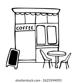 Coffee house vector collections. Line art illustration with building of coffee shop on the street, table with chairs and chalkboard. Сoffee-themed composition in the ink style