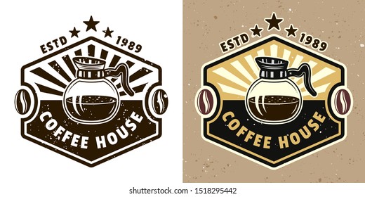 Coffee house vector emblem, badge, label or logo with glass pot. Two styles monochrome and colored with removable textures