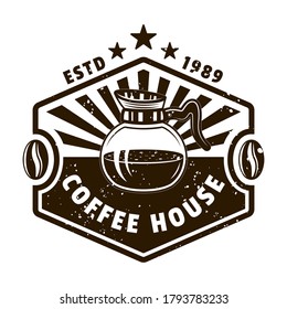 Coffee house vector emblem, badge, label, sticker or logo with glass pot in monochrome vintage style isolated on white background