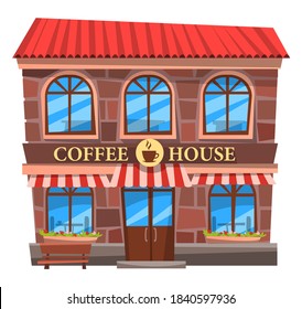 Coffee house vector, exterior of building with signboard and coffee sign. Shop facade with tent and flower decoration outdoors. Isolated house with vintage style windows and entrance illustration