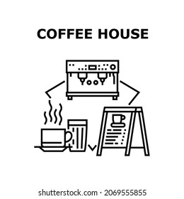 Coffee House Vector Icon Concept. Coffee House Menu With Energy Drink Assortment And Professional Machine For Brewing Beverage. Cafeteria Equipment For Enjoying Espresso Black Illustration