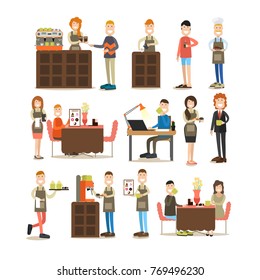 Coffee house vector icon set with workers making coffee, waiter and waitress serving coffee to visitors, confectioner with slice of cake and office people with coffee. Flat style design elements.