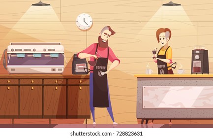 Coffee house vector illustration with barista and barmaid standing near coffee machine and holding brewed drink