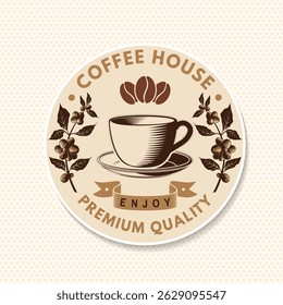 Coffee house. Vector illustration. Concept for cafe and restaurant logo, brand, label. Vintage Coffee House Logo with Cup, Beans and coffee tree branch
