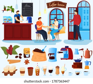 Coffee house vector illustration set. Cartoon flat coffee lover characters drinking, barista makes hot drink in cafe shop or restaurant, coffee maker equipment, fresh beverages menu isolated on white