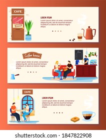 Coffee house vector illustration set. Cartoon flat coffee shop banner collection with customer couple people meeting for drinking coffee in cafe bar, barista pouring beverage in cup, open sign on door