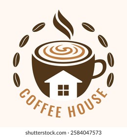 Coffee House Vector Logo. Coffee cup with coffee beans logo design. Cup of coffee icon. 