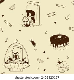 Café. Patrón monocromo sin fisuras vectorial con un paquete de café granos y dulces