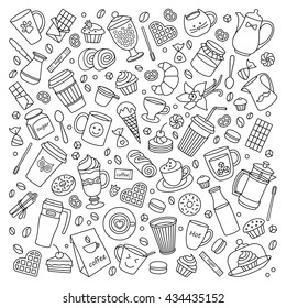 Coffee house vector set. Line art. Many object. Isolated Food and drinks. Monochrome. Hand drawn. Cups and sweet desserts. Scribble cartoon. Background cafe, fast food, kitchen, confectionery