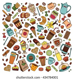 Coffee house vector set. Line art. Many object. Isolated Food and drinks. Doodle. Hand drawn. Cups and sweet desserts. Scribble cartoon. Background cafe, fast food, kitchen, confectionery, color