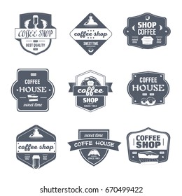Coffee House - vector set of vintage template logo insignias. Old fashion style emblems, badges of coffee shop, donuts, cappuccino. Apparel, leaflet, brochure, sticker design. Promote your business