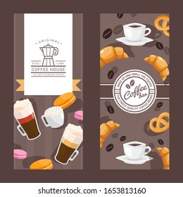 Vertikale Kaffeehausbanner, Café-Menüabdeckung, Emblem für Kaffeehaus, Vektorillustration-Illustration. Bäckerei Flyer mit Cappuccino und Croissant. Dekorative Bannervorlage für Café, Konditorei oder Bakeshop