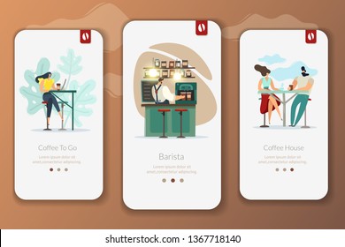 Coffee house vertical banners.  Mobile application. Pages with the characters by the visitors of the coffee shop and the Barista. Vector