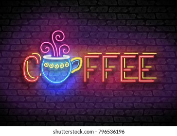 Coffee House Vintage Singboard. Cafe Label, Restaurant. Shiny Neon Light Style Lettering. Advertisement Flyer, Poster, Banner Template. Vector 3d Illustration. Abstract Decorative Art