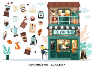 Coffee house with visitors and Barista behind the bar. Detailed facade. All objects are isolated they are easy to move. Vector