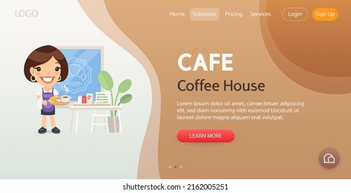 Plantilla del sitio web de Coffee House. Ilustración de una camarera de dibujos animados con bandeja en la ilustración vectorial del café panadero. Empleado con uniforme. Composición con un profesional.