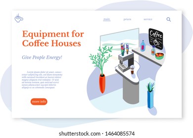 Coffee houses equipment landing page template. Internet store website homepage interface idea with flat vector illustrations. Catering service, cafe facilities sale web banner cartoon concept