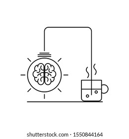 Icono de café, cerebro humano y bombilla. Concepto del efecto del café en el cerebro. Dibujo plano de línea delgada de esquema aislado en fondo blanco. 