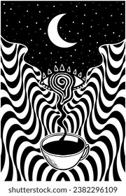 Coffee with hypnotic eye, optical illusion, psychedelic illustration, tarot cards, mystical symbol, okult