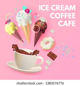 Coffee and Ice Cream. Cafe Ad Design Template. Sweets Shop. Gelato. Coffee to Go.