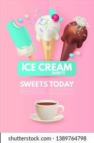 Coffee and Ice Cream. Cafe Ad Design Template. Sweets Shop. Gelato. Coffee to Go.