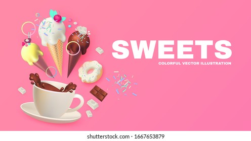 Coffee and Ice Cream. Cafe Ad Design Template. Sweets Shop. Gelato. Coffee to Go.