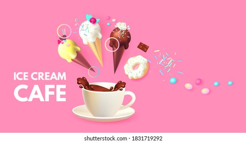 Coffee and Ice Cream. Cafe Ad Design Template. Sweets Shop. Gelato. Coffee to Go.