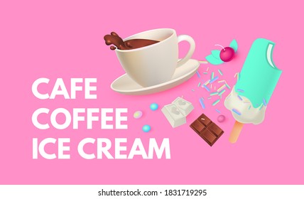 Coffee and Ice Cream. Cafe Ad Design Template. Sweets Shop. Gelato. Coffee to Go.