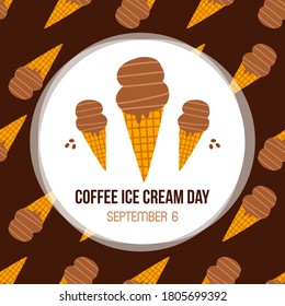 Coffee Ice Cream Day vector card, illustration with cartoon style ice cream cones seamless pattern background.