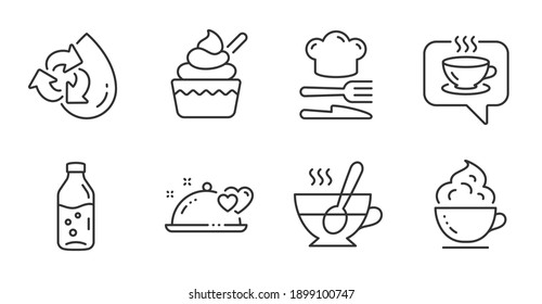 Coffee, Ice cream and Food line icons set. Water bottle, Recycle water and Coffee cup signs. Romantic dinner, Tea cup symbols. Cafe, Chef hat, Soda drink. Food and drink set. Vector