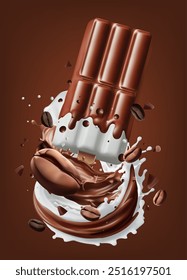 helado de helado de café en un chorro de leche sobre fondo. Vector realista en la ilustración 3D Gradient Wes 