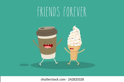 Coffee   ice cream  Vector cartoon  fast food  Friends forever   You can use in the menu  in the shop  in the bar  the card stickers  Easy to edit  