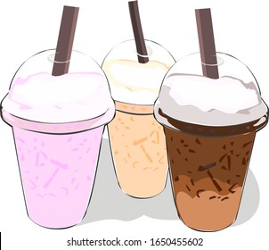 Coffee, iced milk and iced Thai tea in plastic cups Vector illustration of popular Thai food drink