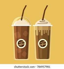 Coffee iced and whipped cream on cup isolated flat icon. Vector 