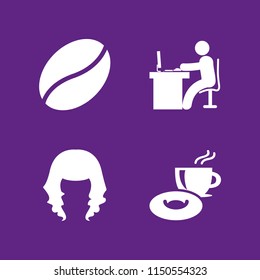 coffee icon. 4 coffee set with breakfast, stylish, man in office desk with computer and bean vector icons for web and mobile app