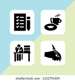 coffee icon. 4 coffee set with breakfast, write, checklist and desk vector icons for web and mobile app