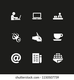 coffee icon. 9 coffee set with coffe cup outline, stroopwafel, laptop and mail vector icons for web and mobile app