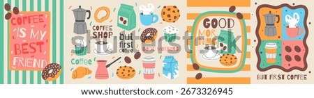 Coffee icon. Cafe drink and pastry. Caffeine beverage pot. Cappuccino cup. Croissant and cake. Kitchen decor. Poster with Arabica beans. Coffeehouse postcards. Vector garish cafeteria elements set