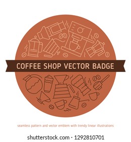 Coffee icon, cafe emblems, thin line badge, vector coffeeshop symbol, coffeehouse sign