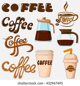 Coffee Icon collection with jug, glass and cup. Vector illustration
