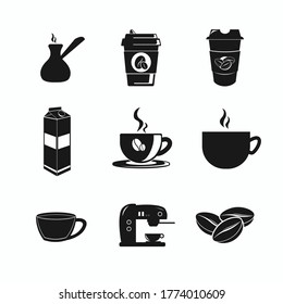 coffee icon, cup, beans. Coffee to go, coffee maker, turka. milk box icon