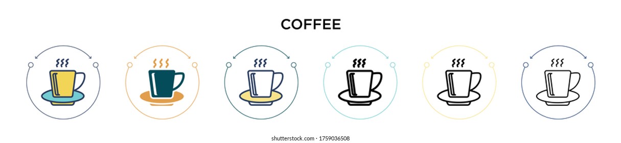 Coffee icon in filled, thin line, outline and stroke style. Vector illustration of two colored and black coffee vector icons designs can be used for mobile, ui, web