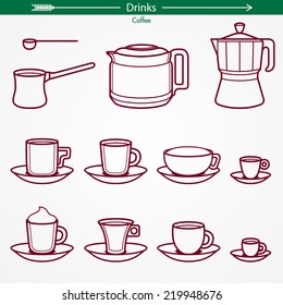 Coffee Icon Graphics (Cups on Plates). Outlines Only. Pictogram Style.