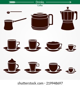 Coffee Icon Graphics (Cups on Plates). Silhouettes. Pictogram Style.