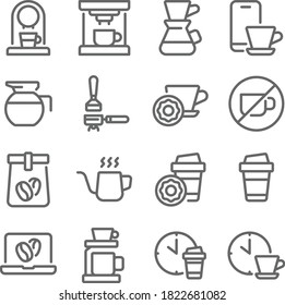 Coffee icon illustration vector set. Contains such icon as Coffee Break, Cafe, Coffee beans, coffee machine, Drip, hot and more. Expanded Stroke